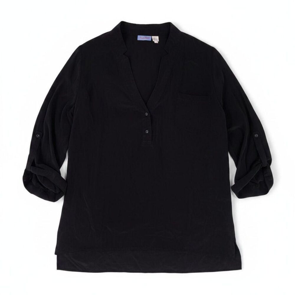 Acrobat black 100% silk blouse button up front pocket and long sleeves